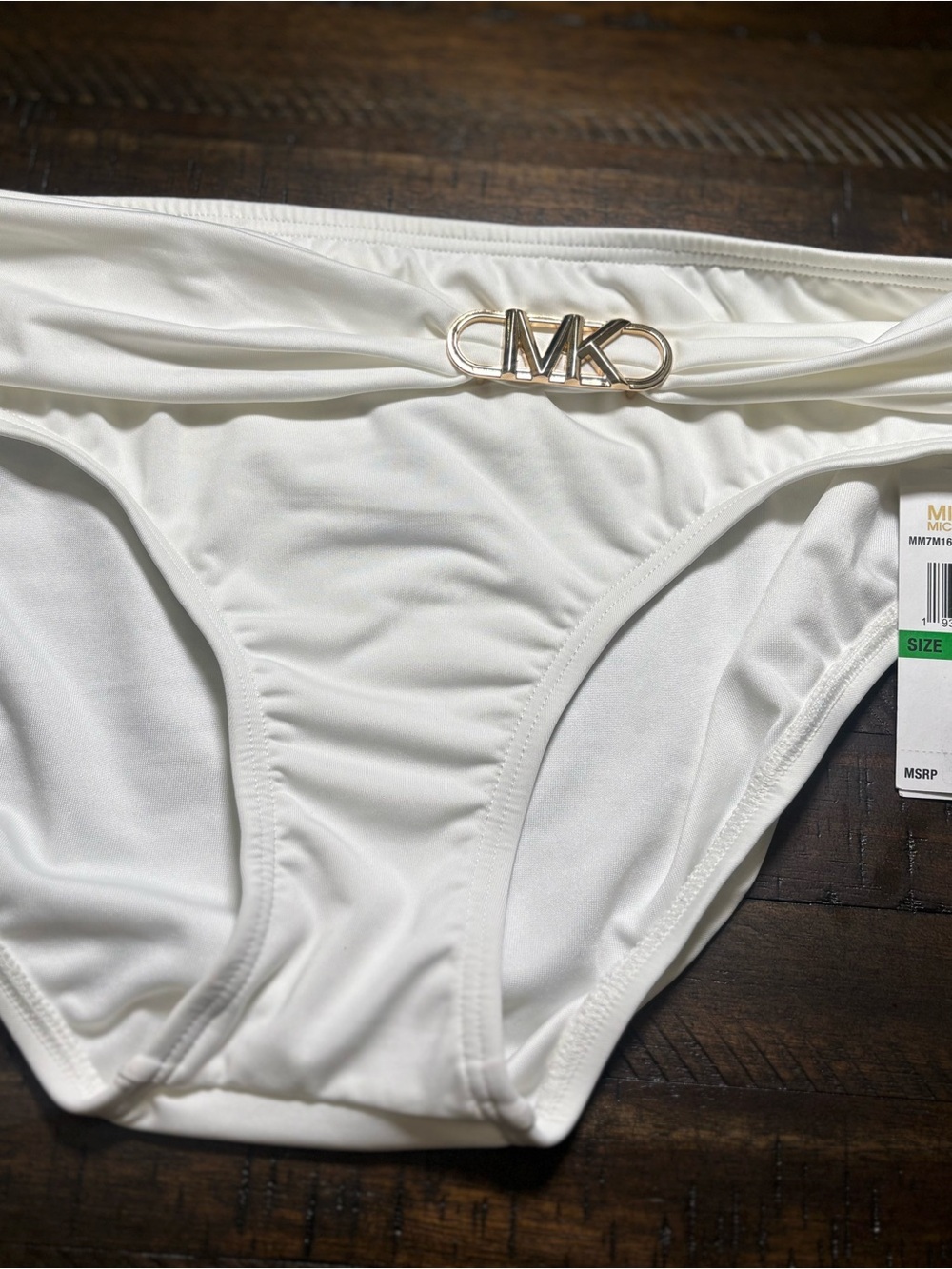 Michael Kors White Bikini Brief with Gold MK Emblem Size L & M #0034